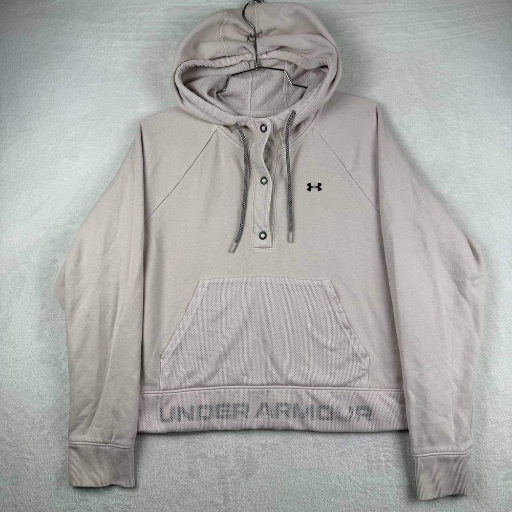 Under Armour UA Rival Fleece Mesh Hoodie Women Medium Pink Pullover Long Sleeve